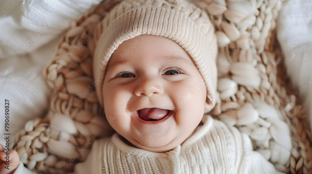 Adorable Newborn Baby's Joyful Smile in Beige Knitted Outfit on White Blanket Adorable Newborn Baby's Joyful Smile in Beige Knitted Outfit on White Blanket