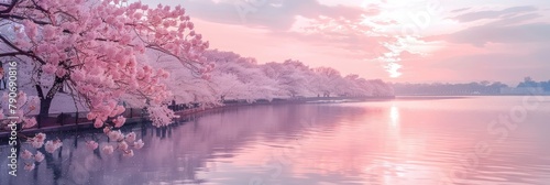 pink cherry blossom trees beside calm river bank
