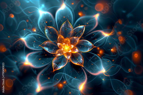Electric blue fractal art of symmetrical glowing flower on dark background