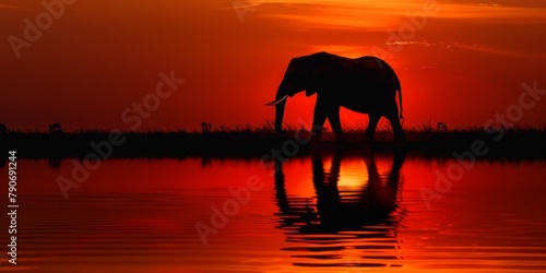 Silhouette of an elephant at sunset with water reflection.