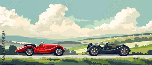 Classic car rally winds through scenic countryside, capturing a nostalgic journey through the past.