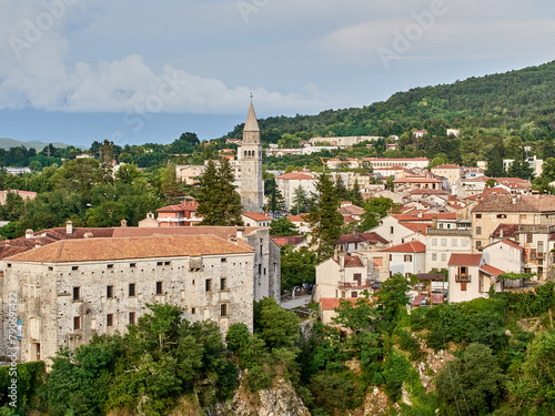 Panoramic view of Pazin with the bell tower of the church of St. Nicholas and the castle, house of the Ethnographic Museum of Istria and the Pazin Town Museum. Center of Istria, Croatia, Europe