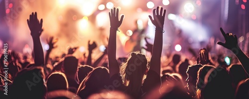 A group of people enjoying the music and stage light at an outdoor performance while raising their hands in the air