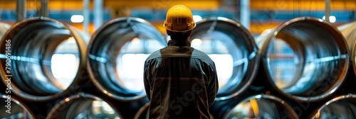 In front of the factory's massive industrial pipes, a worker with a safety helmet is standing and peering over his shoulder to see what's happening behind him. photo