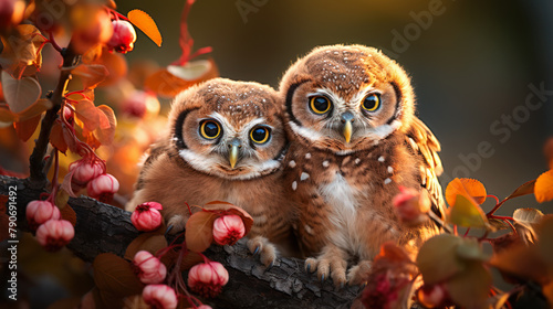 Two adorable little owlets among autumn leaves. Generative ai. photo