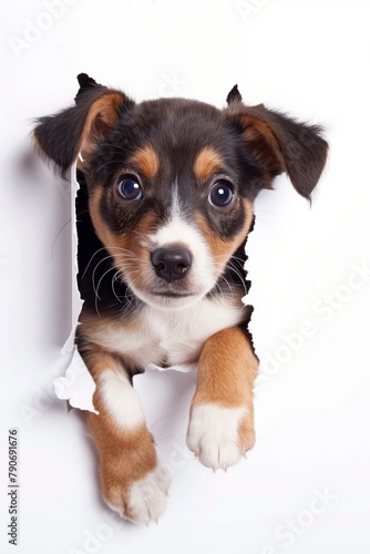 Cute Puppy Peeking Through Torn Paper
