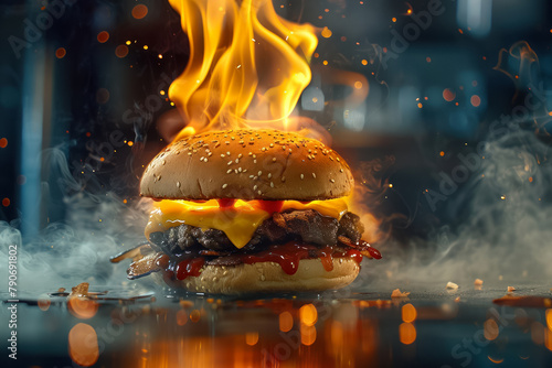 sizzling gourmet burger engulfed in flames with melting cheese and savory toppings, for marketing ads