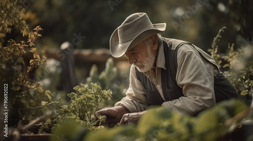Old man working outdoor. Gardening concept. © vlntn