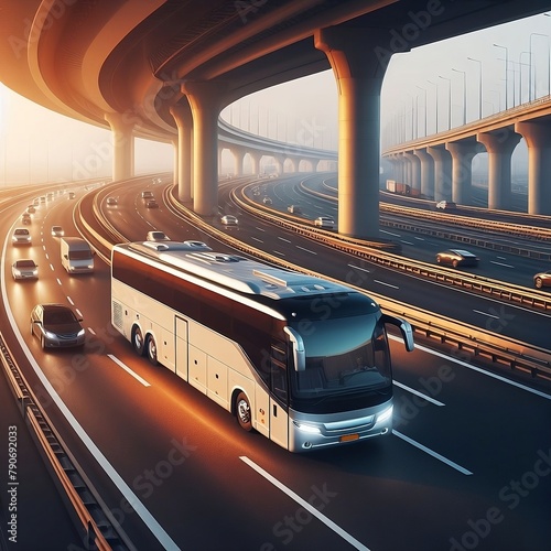 An intercity large and spacious bus travels along the highway- Generative AI photo