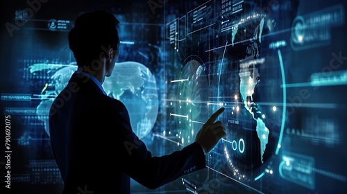 Back view silhouette of modern businessman interacting with futuristic touch screen panel. Cyberspace with lots of data. Digital hologram ui. Sci-fi blue background.