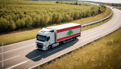 An Lebanon-flagged truck hauls cargo along the highway, embodying the essence of logistics and transportation in the Lebanon