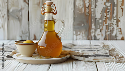 Glass bottle and gravy boat with fresh apple cider vinegar on white wooden background photo