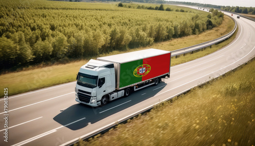 An Portugal-flagged truck hauls cargo along the highway, embodying the essence of logistics and transportation in the Portugal