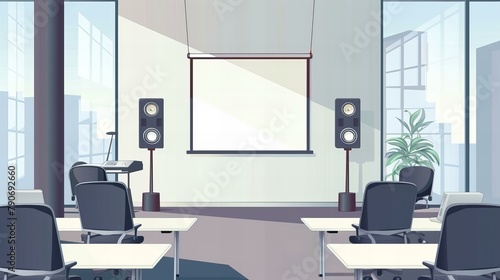 empty conference hall illustration  projector screen with speakers © Christopher