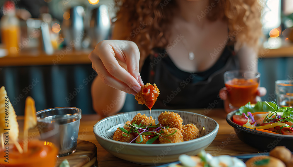 Woman dipping tasty nugget into sauce on wooden table