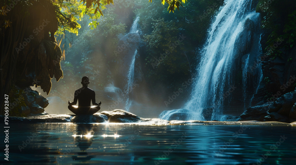 A tranquil Vesak Day meditation session beside a peaceful waterfall.