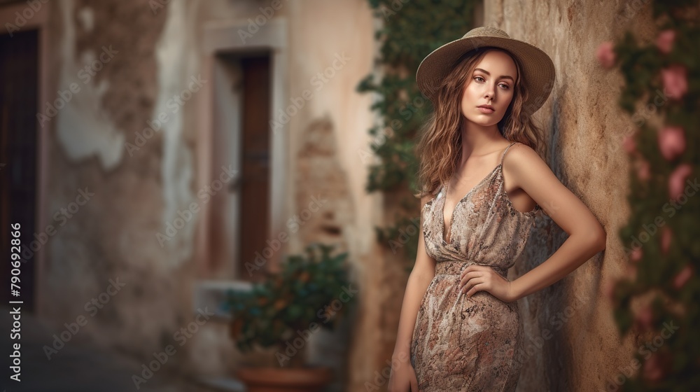 Fototapeta premium Beautiful young woman in the old town. Tuscan background.