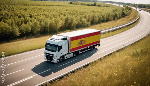 An Spain-flagged truck hauls cargo along the highway, embodying the essence of logistics and transportation in the Spain