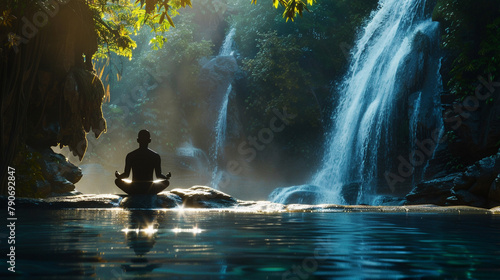 A tranquil Vesak Day meditation session beside a peaceful waterfall.