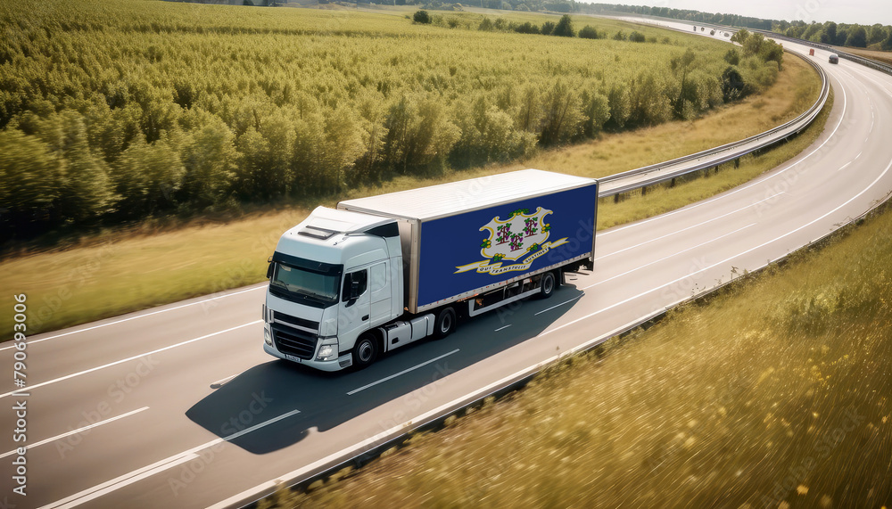 An Connecticut-flagged truck hauls cargo along the highway, embodying the essence of logistics and transportation in the Connecticut