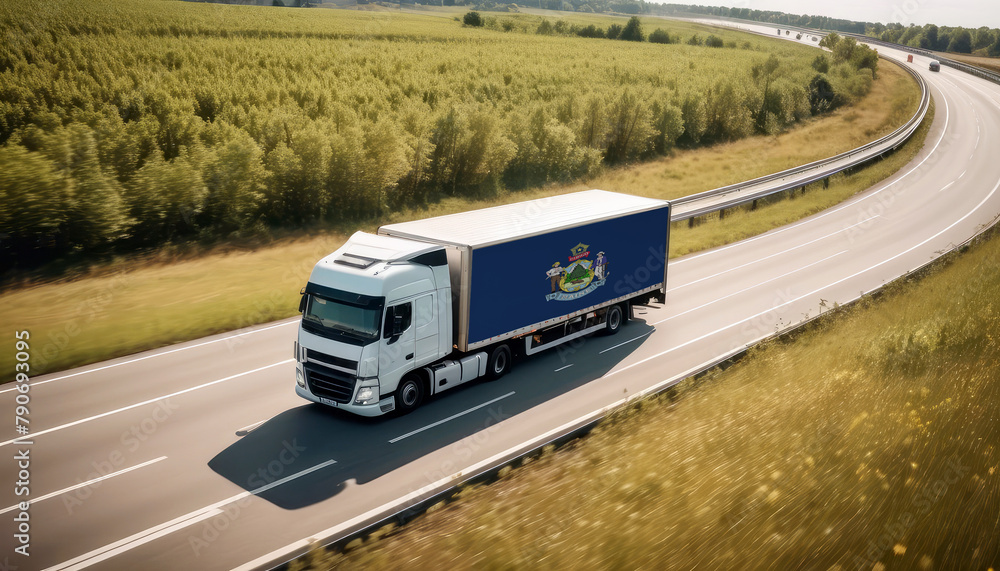An Maine-flagged truck hauls cargo along the highway, embodying the essence of logistics and transportation in the Maine An Maine-flagged truck hauls cargo along the highway, embodying the essence of logistics and transportation in the Maine