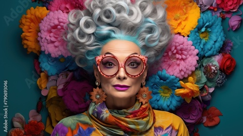 Beautiful fashionable senior woman with bright colorful makeup. © vlntn