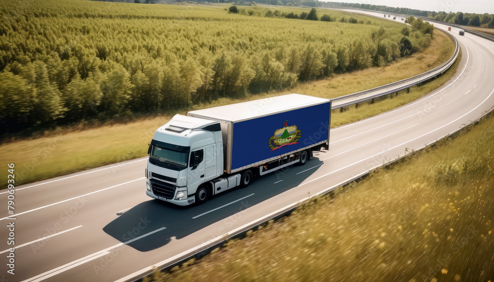 An Vermont-flagged truck hauls cargo along the highway, embodying the essence of logistics and transportation in the Vermont