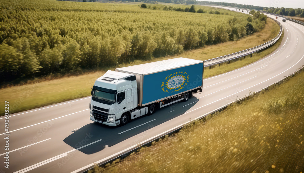 An South Dakota-flagged truck hauls cargo along the highway, embodying the essence of logistics and transportation in the South Dakota