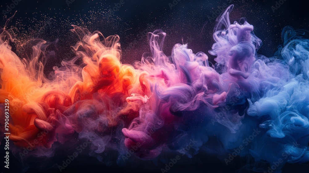 Colorful ink clouds on black background, colorful smoke in water, color explosion, paint droplets swirling together, vibrant colors, color palette, color swatches