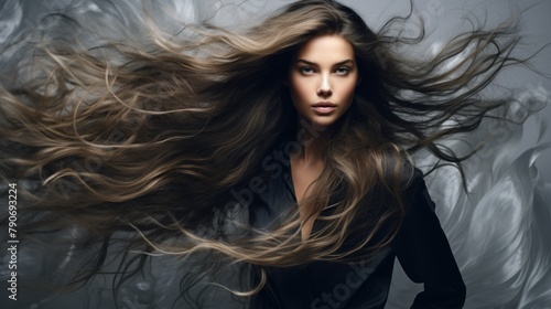 Beautiful young woman with long flying hair.