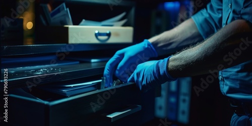 A thief wearing gloves rifling through a drawer in a dark office late at night photo