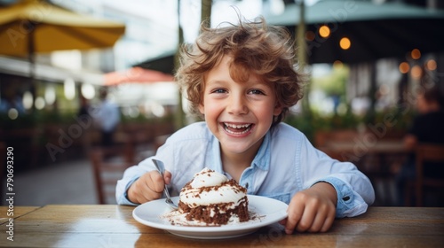 Cute little boy eating dessert in a cafe.