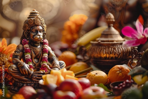 A photograph of a festive meal with an image of the deity Hanuman on the table, along with fruits, his favorite food photo