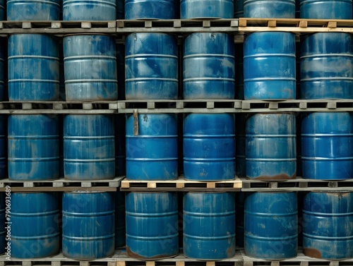 Rows of blue industrial barrels neatly stacked on wooden pallets.