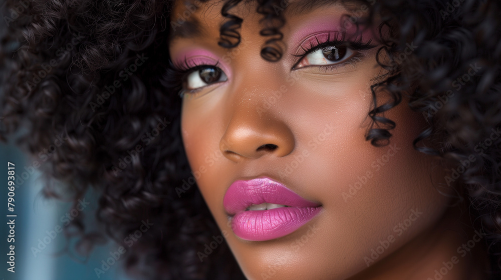 Beautiful black woman with black curly hair style, make up and lashes. Trendy haircuts. Concept Coloring Hair.