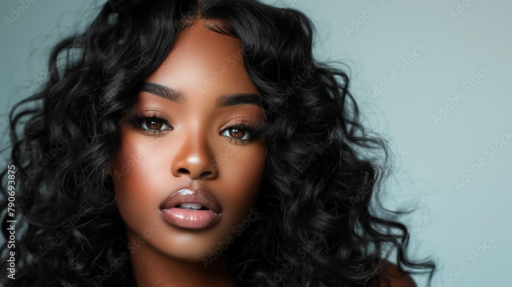 Naklejka premium Beautiful black woman with black hair style, make up and lashes. Trendy haircuts. Concept Coloring Hair.