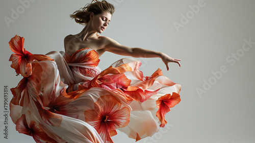 Beautiful young woman dancing with hibiscus flowers. © vlntn