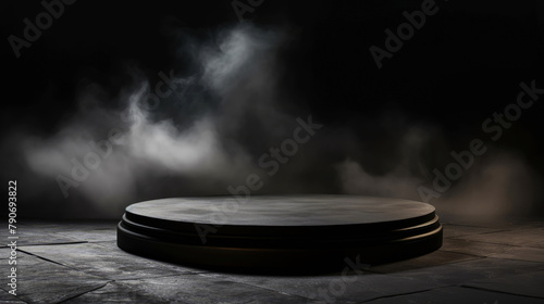 Empty podium for products made of black round polished stone on black background with clouds of smoke and fog. For advertising. Soft illumination of light breaking through fog. Copy space.