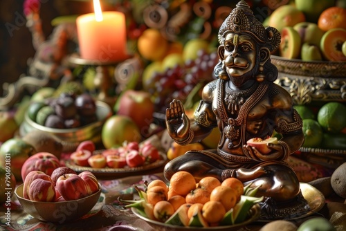 A photograph of a festive meal with an image of the deity Hanuman on the table, along with fruits, his favorite food