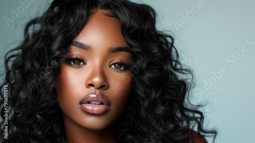 Beautiful black woman with black hair style, make up and lashes. Trendy haircuts. Concept Coloring Hair.