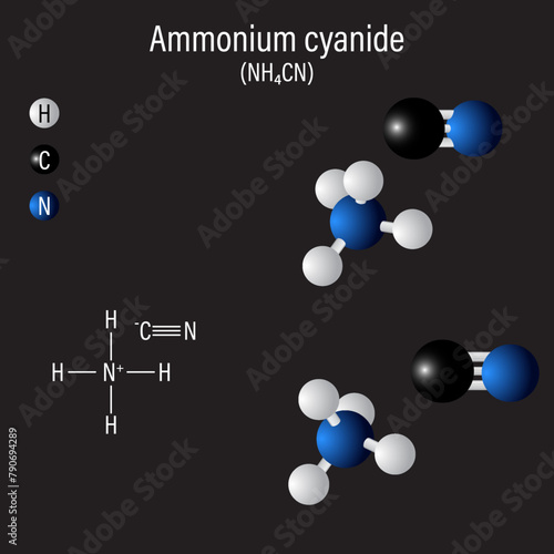 Cyanide is a chemical compound that contains a CN functional group. Sodium, Ammonium, Zinc and Hydrogen cyanide. 3d illustration.
 Ammonium cyanide Black