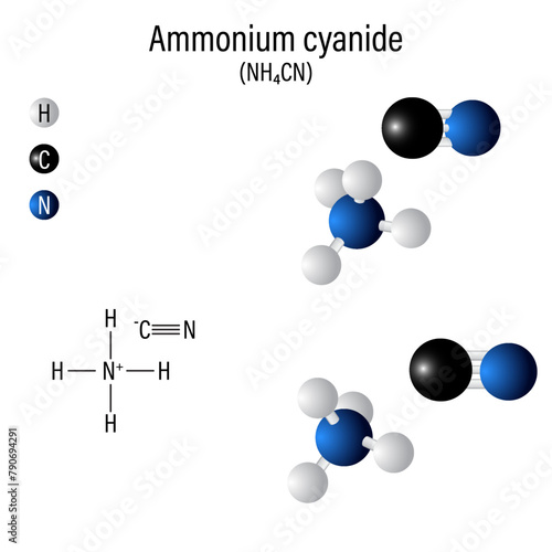Ammonium cyanide Cyanide is a chemical compound that contains a CN functional group. Sodium, Ammonium, Zinc and Hydrogen cyanide. 3d illustration.
