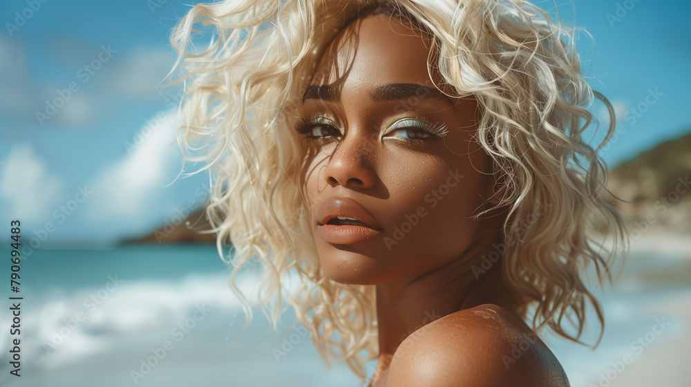 Beautiful black woman with blond hair style, make up and lashes. Trendy haircuts. Concept Coloring Hair. Summer on the beach Beautiful black woman with blond hair style, make up and lashes. Trendy haircuts. Concept Coloring Hair. Summer on the beach
