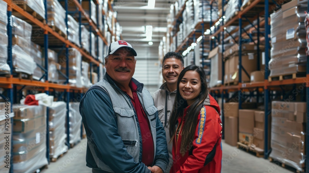 Three happy employees posing together in a well-organized industrial warehouse, showing teamwork and diversity.