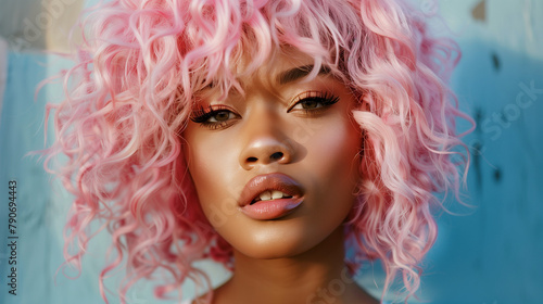 Beautiful black woman with pink curly hair style, make up and lashes. Trendy haircuts. Concept Coloring Hair.