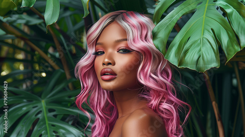 Beautiful black woman with pink ombre hair style, make up and lashes. Trendy haircuts. Concept Coloring Hair.