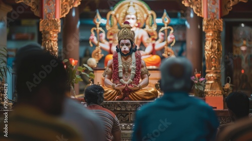 A photo of a meditation practice where devotees sit before an image of Hanuman, seeking the strength and awareness he symbolizes photo