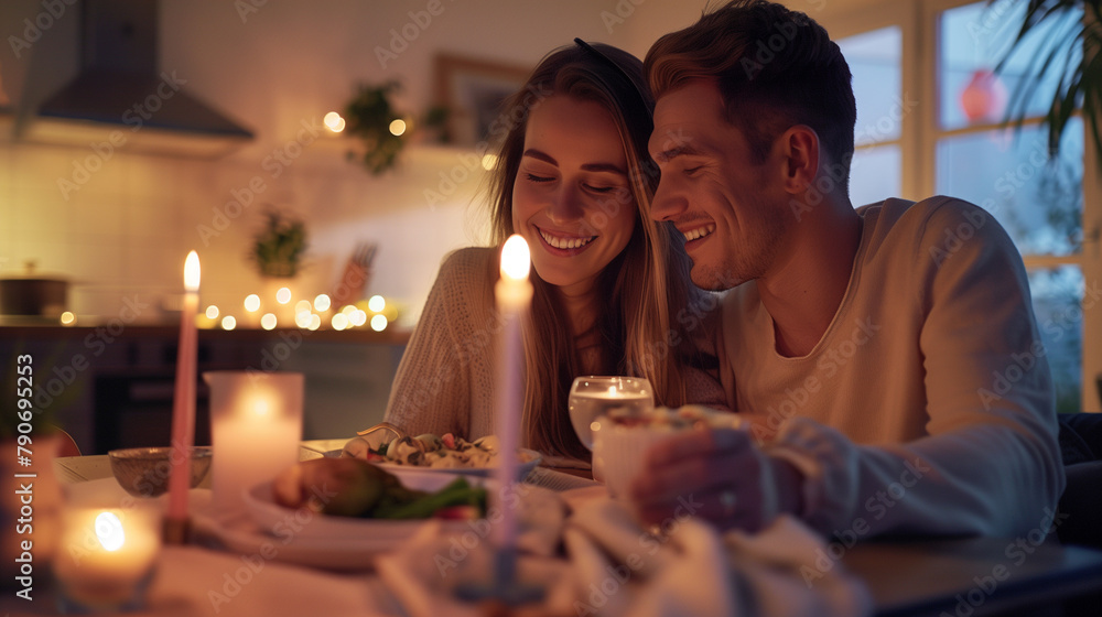 Couple Enjoys a Cozy Candlelit Evening. Couple Enjoys a Cozy Candlelit Evening.