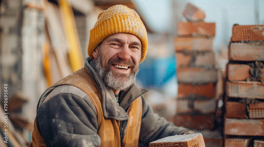 Joyful Bricklayer in Enjoying Work at the Site. Joyful Bricklayer in Enjoying Work at the Site.