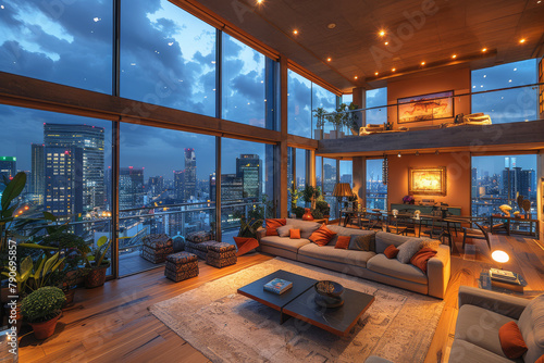 Lavish penthouse with panoramic city views, opulent design and stylish furnishings, billionaire lifestyle